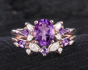 Unique oval cut amethyst engagement ring sets Art deco promise ring Rose gold purple gemstone bridal sets Handmade jewelry gifts for women