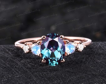 Unique oval cut alexandrite engagement ring Art deco purple June birthstone promise ring Vintage solid 14K rose gold wedding Ring for women