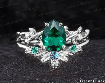 Vintage pear shaped emerald engagement ring sets Art deco leaf promise ring Nature inspired white gold bridal sets Unique Anniversary gifts