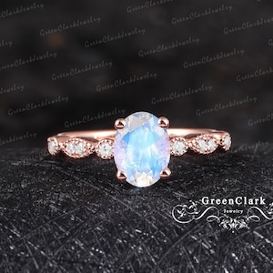 Moonstone engagement ring Art deco oval cut promise ring 14k 18k solid rose gold Vintage ring Personalized jewelry Unique anniversary gifts