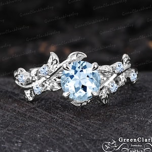 Unique blue Aquamarine engagement ring Art deco solid 14k white gold promise ring Nature inspired leaf ring Handmade jewelry gift for women