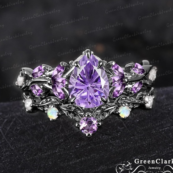 Firework cut pear shaped Amethyst engagement ring set Gothic black gold leaf promise ring Nature inspired bridal set Handmade jewelry gift