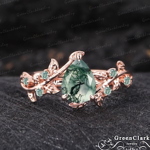 Vintage moss agate engagement ring Pear art deco leaf promise ring Nature inspired solid 14K rose gold cluster ring Unique Anniversary gifts