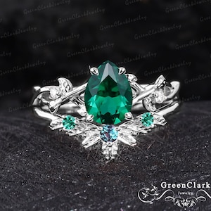 Conjuntos de anillos de compromiso vintage con esmeralda en forma de pera, anillo de promesa con hojas estilo art déco, conjuntos nupciales de oro blanco inspirados en la naturaleza, regalos de aniversario únicos.