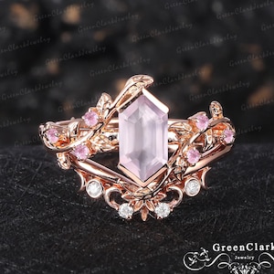 Long hexagon cut rose quartz engagement ring set Art deco solid rose gold leaf promise ring Nature inspired bridal set Handmade jewelry gift