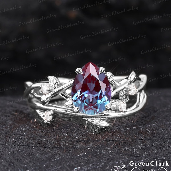 Vintage pear shaped alexandrite engagement ring sets Art deco leaf promise ring Nature inspired 14k white gold bridal sets Anniversary gifts