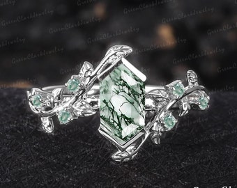 Anello di fidanzamento con agata muschiata a taglio esagonale lungo Anello di promessa in oro bianco massiccio 14k Art Déco Anello con foglia ispirato alla natura Regalo di gioielli fatti a mano da donna