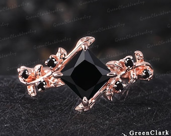 Princess cut black onyx engagement ring Art deco solid 14K rose gold promise ring Nature inspired leaf ring Handmade jewelry gift for women