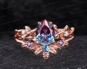 Vintage pear cut alexandrite engagement ring sets Art deco leaf promise ring Nature inspired rose gold bridal sets Unique Anniversary gifts