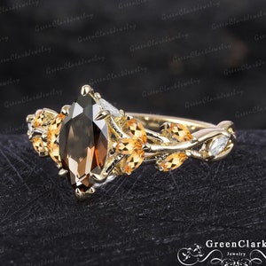 Unique marquise smoky quartz engagement ring Art deco solid 14K gold promise ring Nature inspired leaf ring Handmade Jewelry gift for women