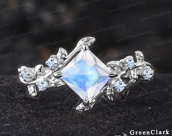 Princess Cut Moonstone Engagement Ring Art Deco Solid 14K White