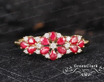 Ruby engagement ring Art deco pear shaped promise ring 14k 18k solid gold Vintage flower design ring Personalized jewelry Anniversary gifts