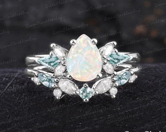 Unique pear shaped white opal engagement ring sets Art deco promise ring White gold gemstone bridal sets Handmade jewelry gifts for women