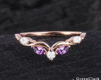 Unique amethyst wedding ring for women Solid 18k 14k rose gold wedding band Diamond curved band Moissanite matching band Anniversary gifts