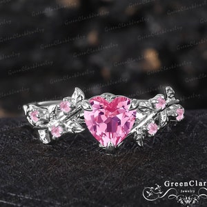 Herz geschnitten rosa Saphir Verlobungsring Art-Deco-massiv 14 Karat Weißgold Versprechen Ring Natur inspiriert Blattring Handgemachtes Schmuck Geschenk für Frauen