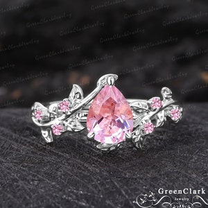 Vintage pear cut pink sapphire engagement ring Solid 14k white gold promise ring Nature inspired art deco leaf ring Unique Anniversary gifts