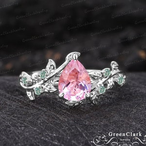 Vintage pear cut pink sapphire engagement ring Solid 14k white gold promise ring Nature inspired art deco leaf ring Unique Anniversary gifts