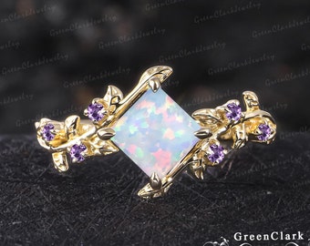 Princess cut white opal engagement ring Art deco solid 14K gold promise ring Unique nature inspired leaf ring Handmade jewelry gift for her