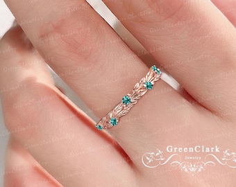 Unique green emerald wedding ring Art deco wedding band Nature Inspired leaf ring Vintage solid 14k rose gold band Her handmade jewelry gift
