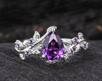 Vintage pear shaped amethyst engagement ring Art deco 14K white gold promise ring Nature inspired platinum leaf ring Unique Anniversary gift