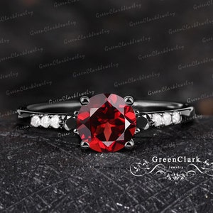 Gothic red garnet engagement ring Unique 14k black gold promise ring Art deco January Birthstone cluster ring Handmade jewelry gift for her