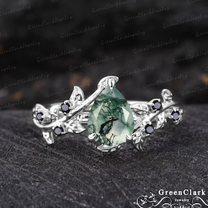 Vintage moss agate engagement ring Pear art deco leaf promise ring Nature inspired Platinum white gold cluster ring Unique Anniversary gifts