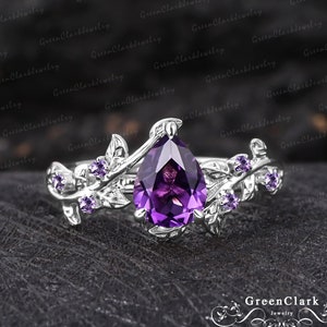 Vintage pear shaped amethyst engagement ring Art deco 14K white gold promise ring Nature inspired platinum leaf ring Unique Anniversary gift