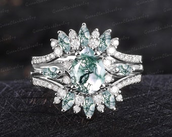 3PCS Unique pear shaped moss agate engagement ring set Art deco platinum ring Vintage solid 14K white gold bridal set Promise ring for women