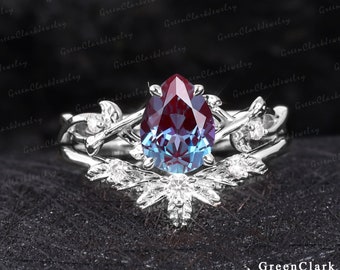 Vintage pear cut alexandrite engagement ring sets Art deco leaf promise ring Nature inspired white gold bridal sets Unique Anniversary gifts