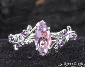 Marquise cut lavender amethyst engagement ring Vintage Solid  white gold promise ring Nature inspired art deco leaf ring Unique jewelry gift