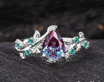 Vintage alexandrite engagement ring Pear cut art deco leaf promise ring Nature inspired 14k white gold cluster ring Unique Anniversary gifts