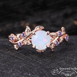 Vintage white opal engagement ring Unique solid 14k rose gold promise ring Nature inspired art deco leaf ring for her Handmade jewelry gifts