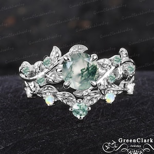 Unique moss agate engagement ring set Art deco leaf promise ring Nature inspired solid 14K white gold bridal set Women handmade jewelry gift