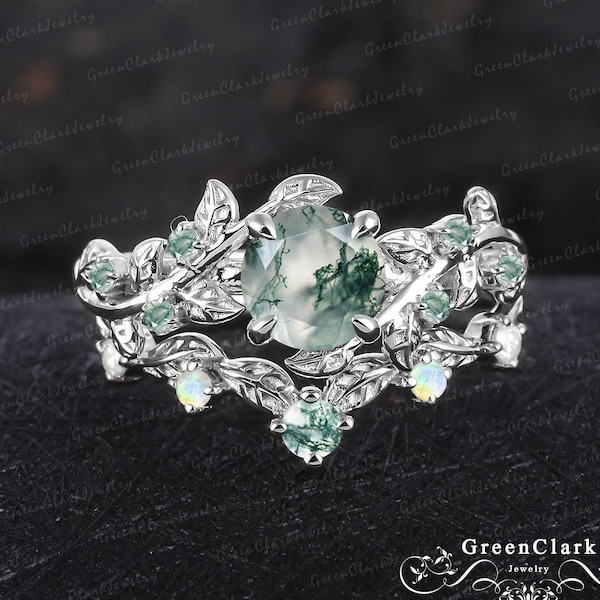 Unique moss agate engagement ring set Art deco leaf promise ring Nature inspired solid 14K white gold bridal set Women handmade jewelry gift