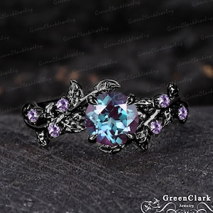Gothic alexandrite engagement ring Unique solid 14k black gold leaf ring Nature inspired art deco promise ring Handmade jewelry gift for her