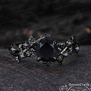 Gothic black onyx engagement ring Unique solid 14k black gold leaf ring Nature inspired art deco promise ring Handmade jewelry gift for her