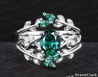 Vintage 3PCS oval cut emerald engagement ring sets Unique art deco leaf platinum promise ring Nature inspired white gold bridal sets for her