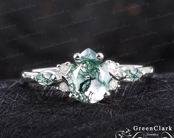 Unique pear shaped moss agate engagement ring Vintage solid 14K white gold Promise ring for women Art deco platinum ring Anniversary gifts