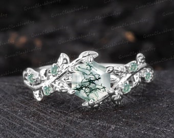 Vintage moss agate engagement ring Hexagon art deco leaf promise ring Nature inspired solid white gold cluster ring Unique Anniversary gifts