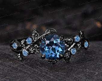 Bague de fiançailles gothique avec topaze bleue de Londres, bague unique en forme de feuille d'or noir massif 14 carats, inspirée de la nature, bague de promesse art déco, cadeau bijoux pour femme