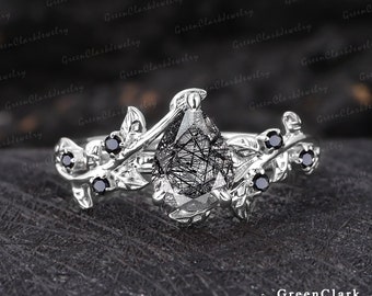 Unique pear shaped black quartz rutilated engagement ring Solid 14K white gold promise ring Nature inspired art deco leaf ring Gifts for her