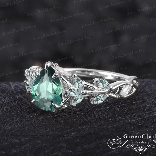 Unique pear shaped green sapphire engagement ring Art deco gemstone promise ring Nature inspired solid 14k white gold leaf ring Jewelry gift