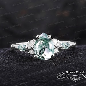 Unique pear shaped moss agate engagement ring Vintage solid 14K white gold Promise ring for women Art deco platinum ring Anniversary gifts