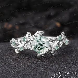 Vintage moss agate engagement ring Hexagon art deco leaf promise ring Nature inspired solid white gold cluster ring Unique Anniversary gifts