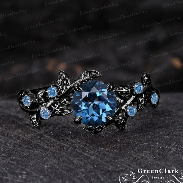 Gothic London blue topaz engagement ring Unique solid 14k black gold leaf ring Nature inspired art deco promise ring Jewelry gift for women