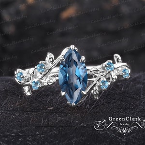 Vintage marquise cut London blue topaz engagement ring Solid white gold promise ring Nature inspired art deco leaf ring Unique jewelry gift