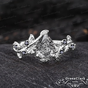 Unique pear shaped black quartz rutilated engagement ring Solid 14K white gold promise ring Nature inspired art deco leaf ring Gifts for her
