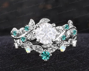 Unique moissanite engagement ring set Art deco leaf promise ring Nature inspired solid 14K white gold bridal set Women handmade jewelry gift