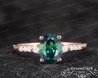 Teal sapphire engagement ring Art deco oval cut promise ring Vintage 14k 18k solid rose gold cluster ring Unique anniversary gifts for women