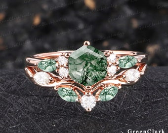 Vintage hexagon cut moss agate sets engagement ring Art deco promise ring Solid 14K rose gold bridal sets Unique Anniversary gifts for women